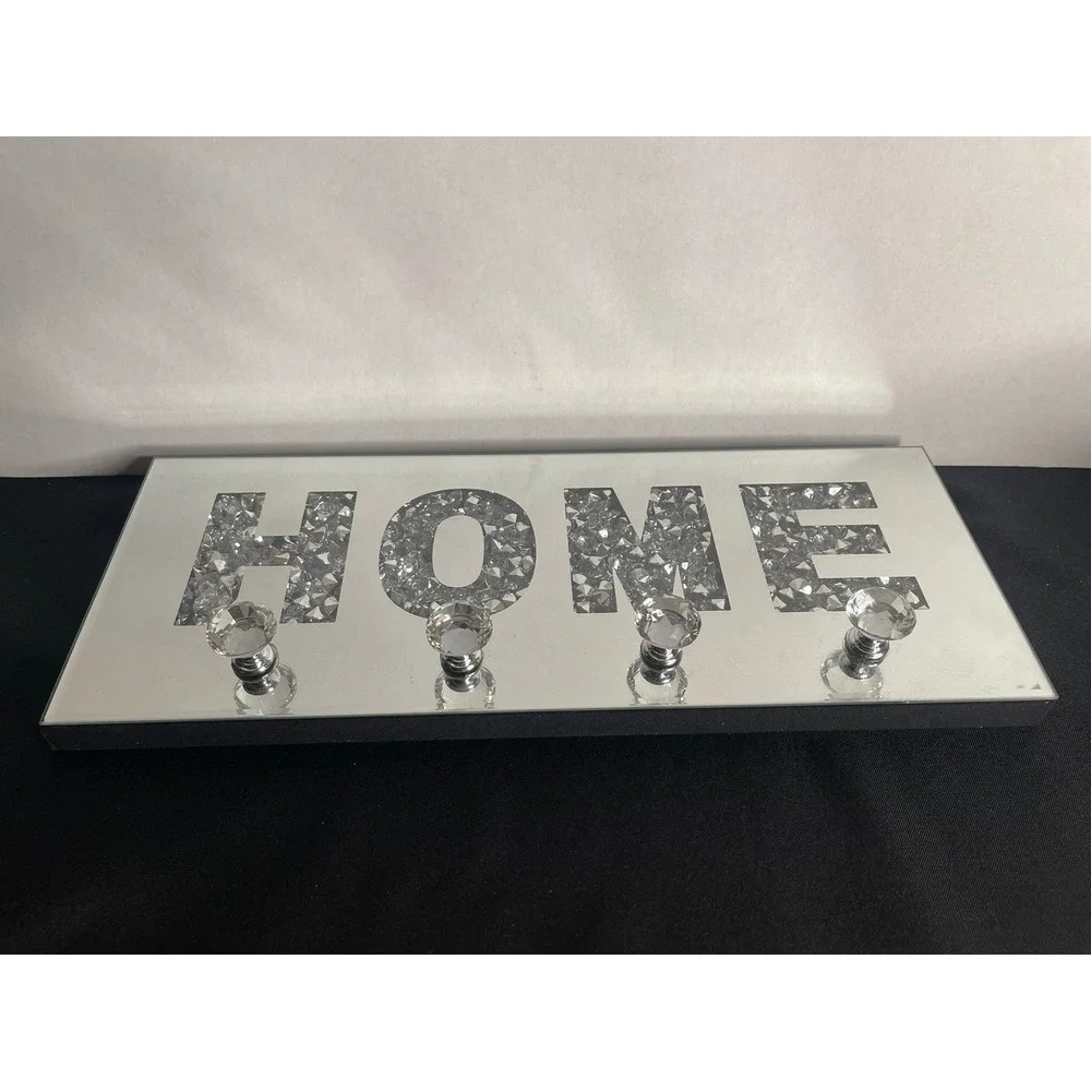 Mirrored Crushed Diamond HOME Wall‎ Hook Rack Silver Crystal Key Holder 16in